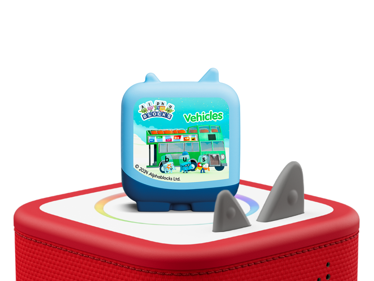 Alphablocks Clever Tonie on a red Toniebox 2 ready to play audio stories and songs curated for kids