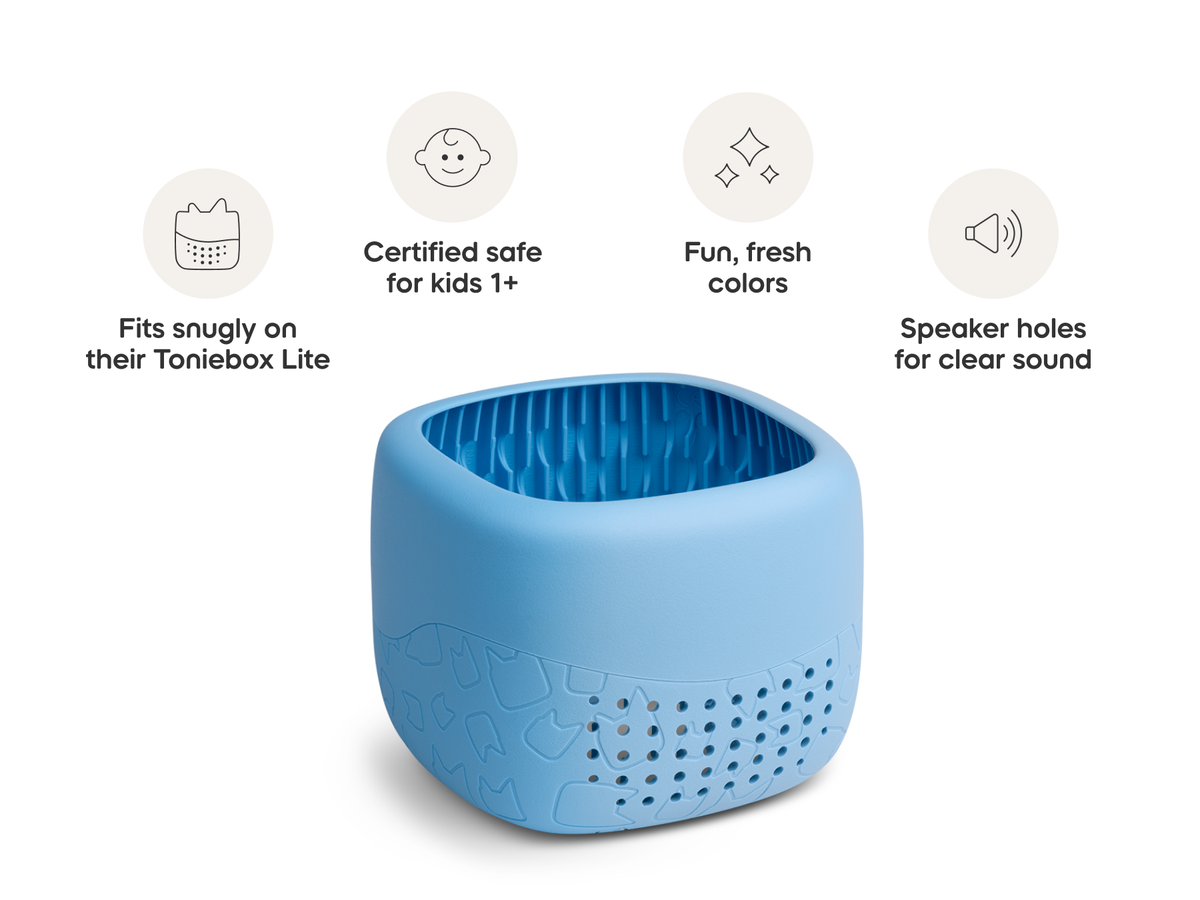 Toniebox Lite Cover Arctic Blue with product feature callouts