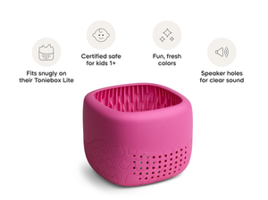 Toniebox Lite Cover berry pink with product feature callouts
