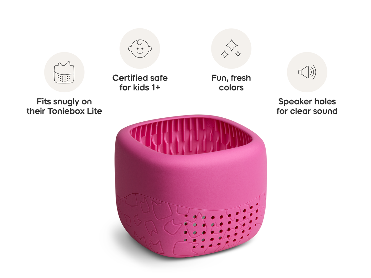 Toniebox Lite Cover berry pink with product feature callouts