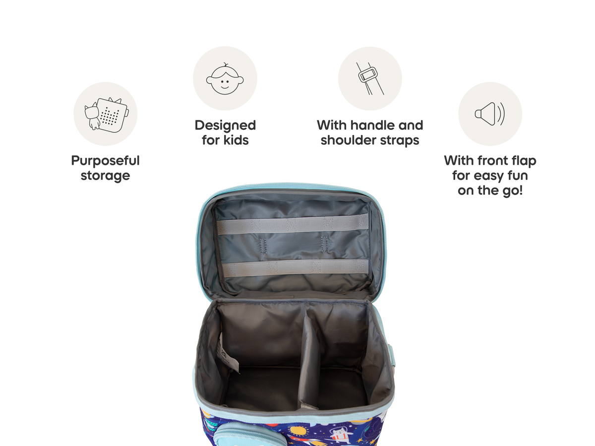 open view and product features of the Listen & Go Bag - Blue Stargazing