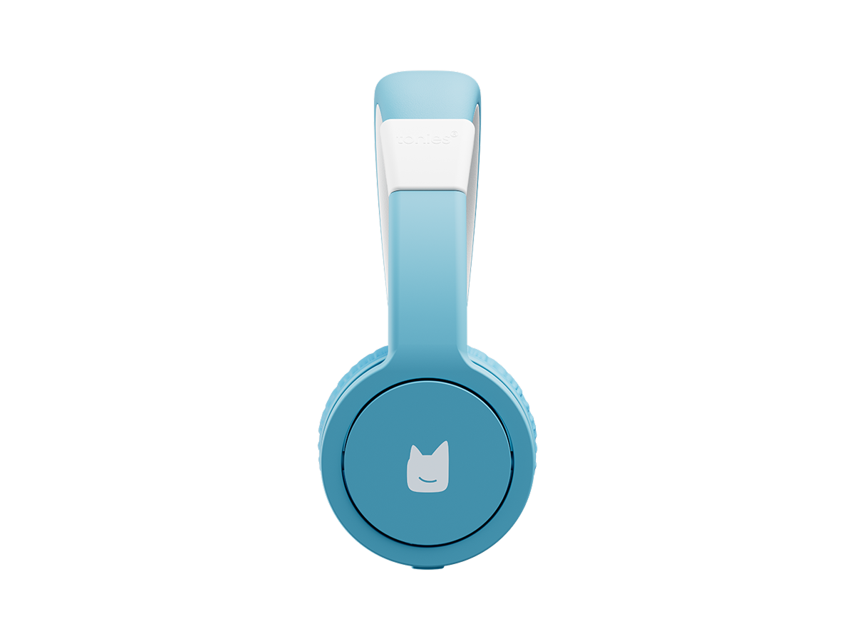 Side view of the blue wired headphones for kids with pulsating light illuminated