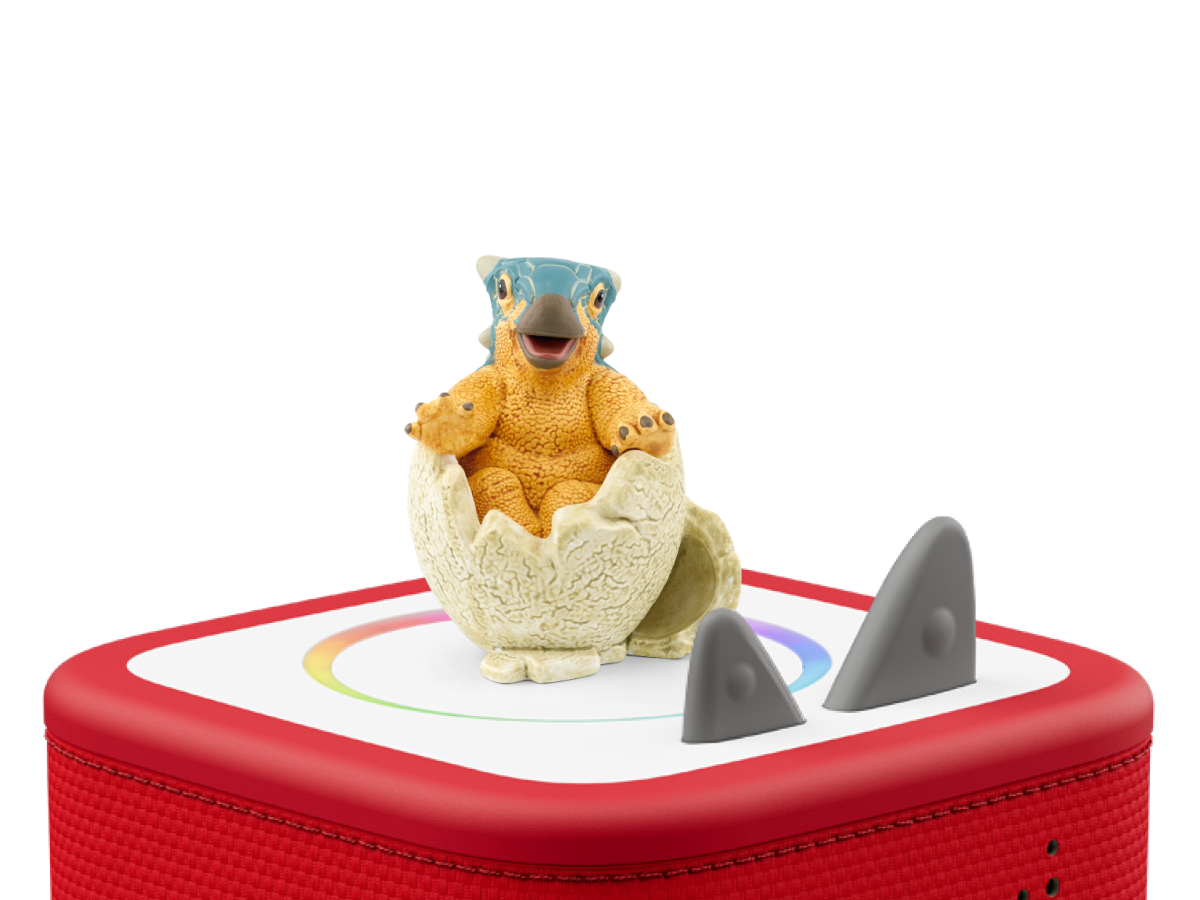 Jurassic World: Camp Cretaceous Tonie on a red Toniebox 2 ready to play audio stories and songs