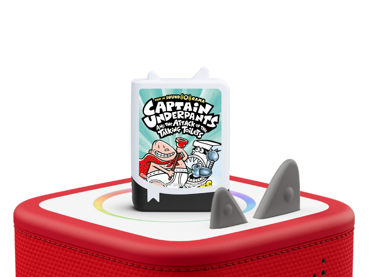 Dav Pilkey: Captain Underpants and the Attack of the Talking Toilets Book Tonie on a red Toniebox 2 ready to play audio stories and songs