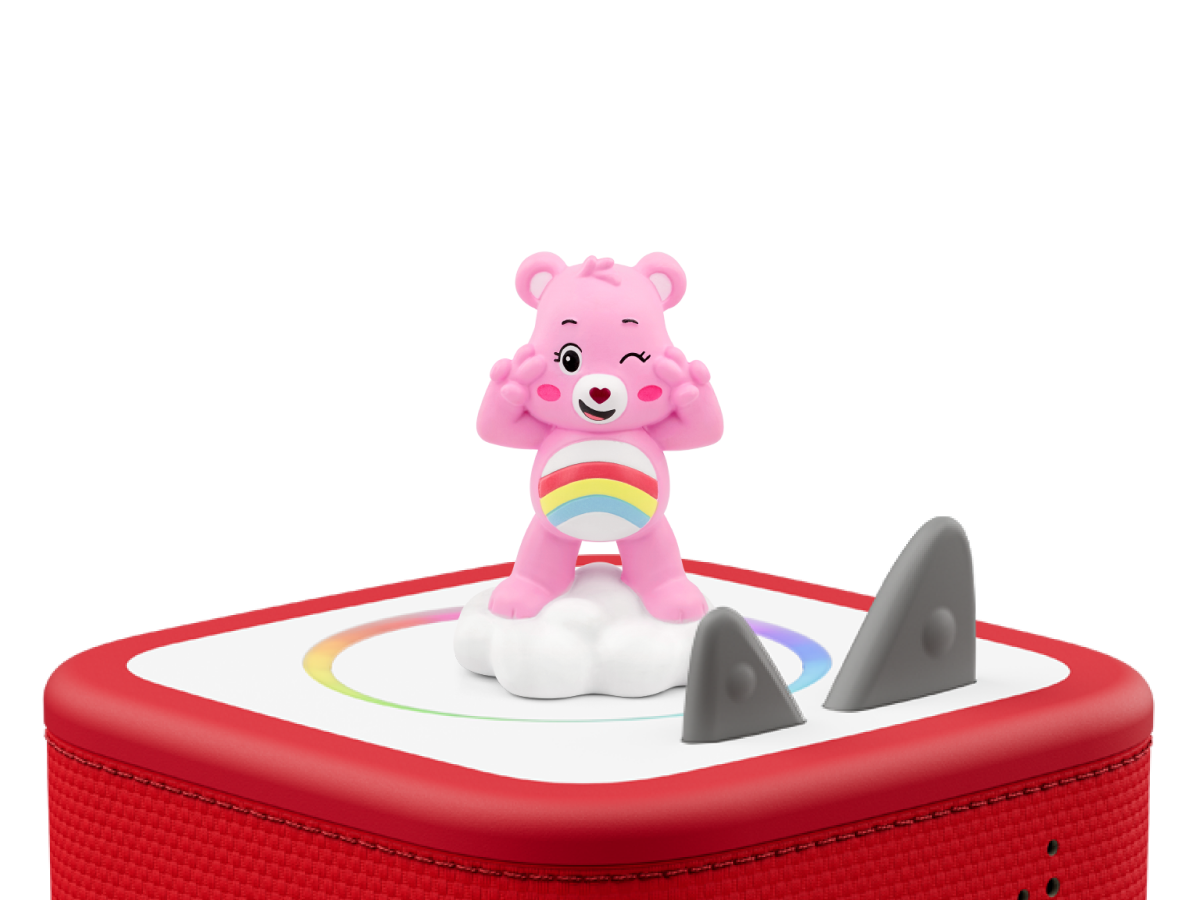 Care Bears: Cheer Bear Tonie on a red Toniebox 2 ready to play audio stories and songs