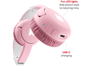 Close up view of Bluetooth Headphones: Cloud Pink - Toniebox 2 with informational callouts