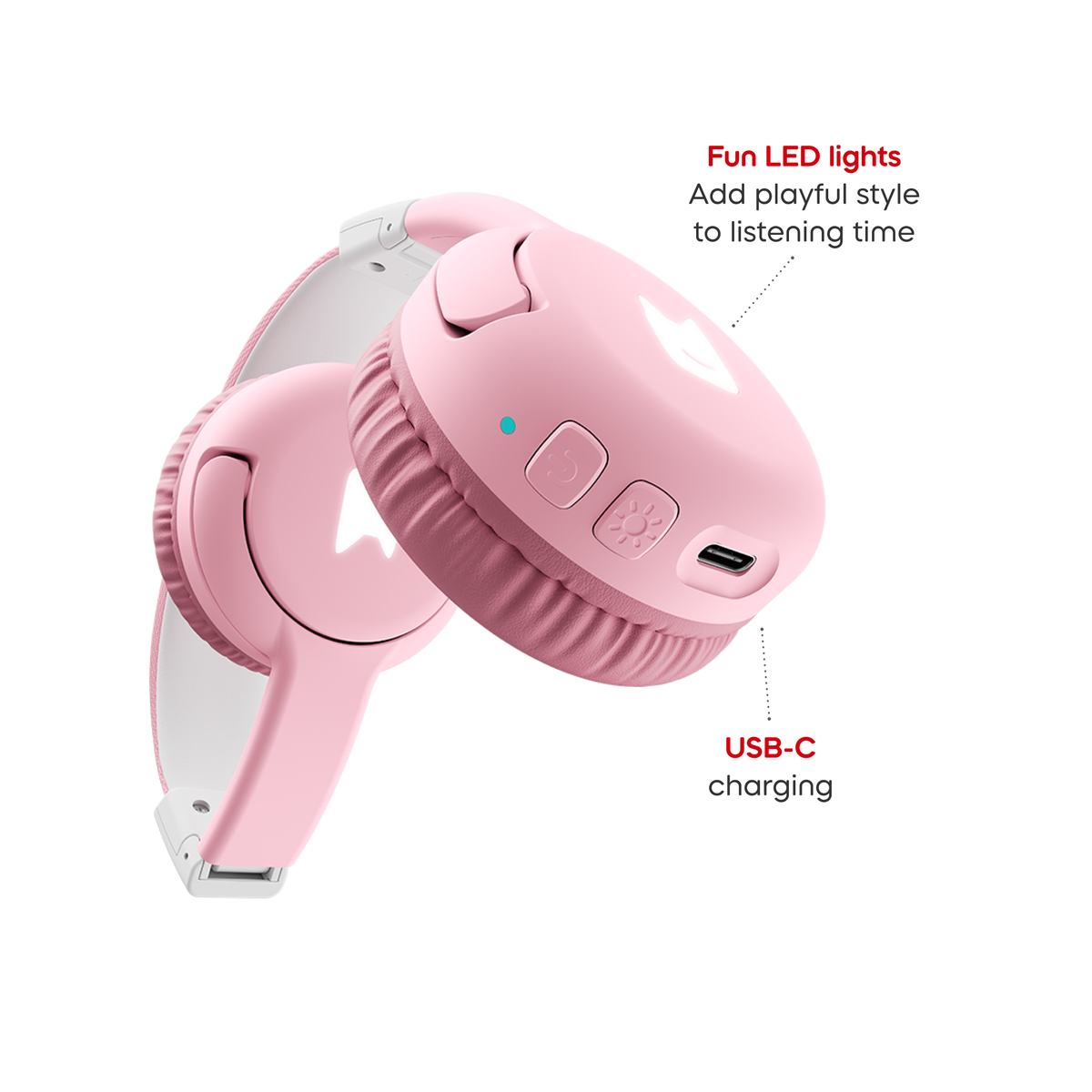 Close up view of Bluetooth Headphones: Cloud Pink - Toniebox 2 with informational callouts