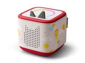 Side view of Toniebox 2 with lion, balloons, sun and clouds on it
