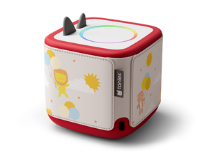 Side view of Toniebox 2 with lion, balloons, sun and clouds on it