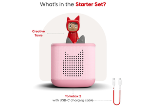 What’s in the starter set? Cloud Pink Toniebox 2, Creative Tonie audio figurine, and USC-C charging cable