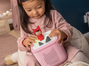 Child Playing With Red Creative-Tonie On A Toniebox 2, An Audio Player For Kids