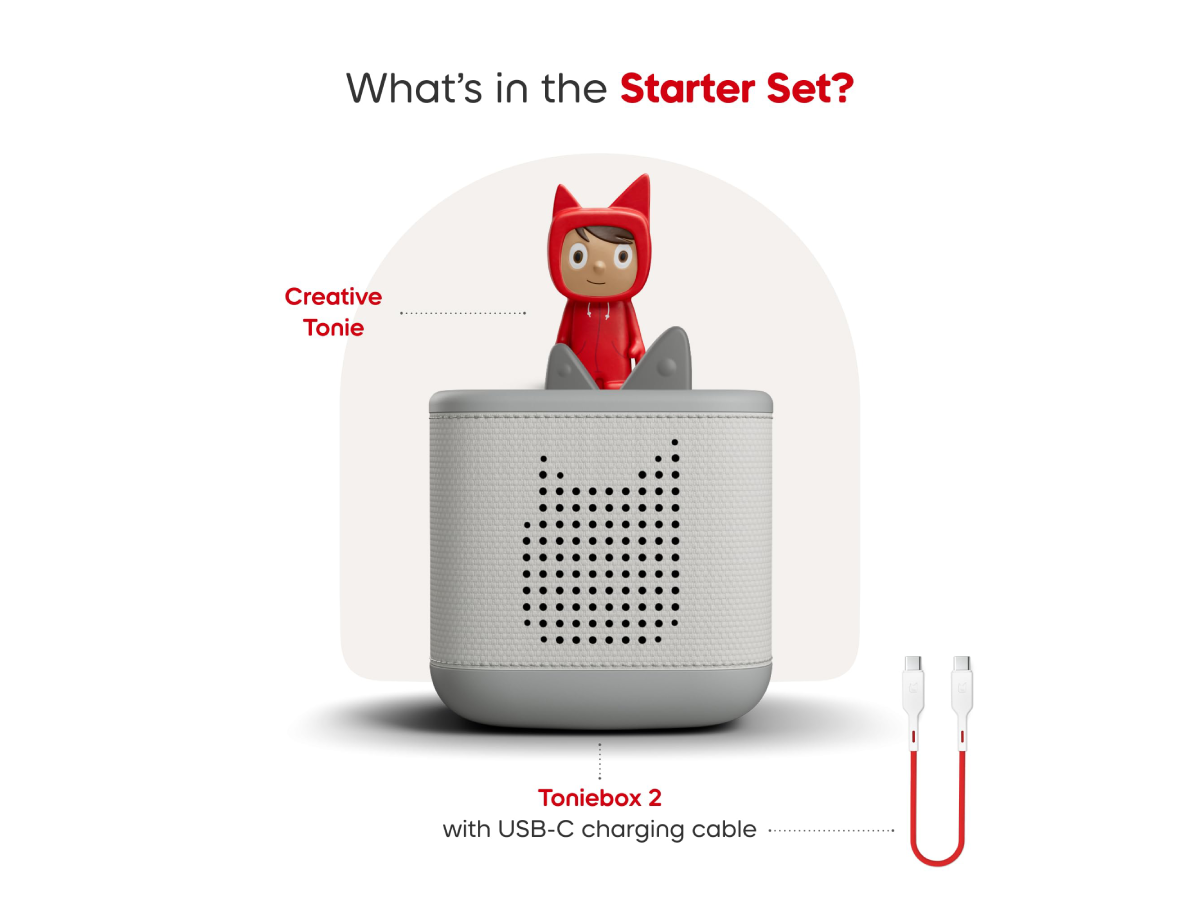 What’s in the starter set? Moon Grey Toniebox 2, Creative Tonie audio figurine, and USC-C charging cable