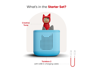 What’s in the starter set? Sky Blue Toniebox 2, Creative Tonie audio figurine, and USC-C charging cable
