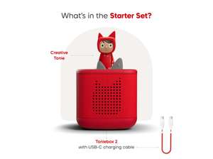 What’s in the starter set? Sunset Red Toniebox 2, Creative Tonie audio figurine, and USC-C charging cable