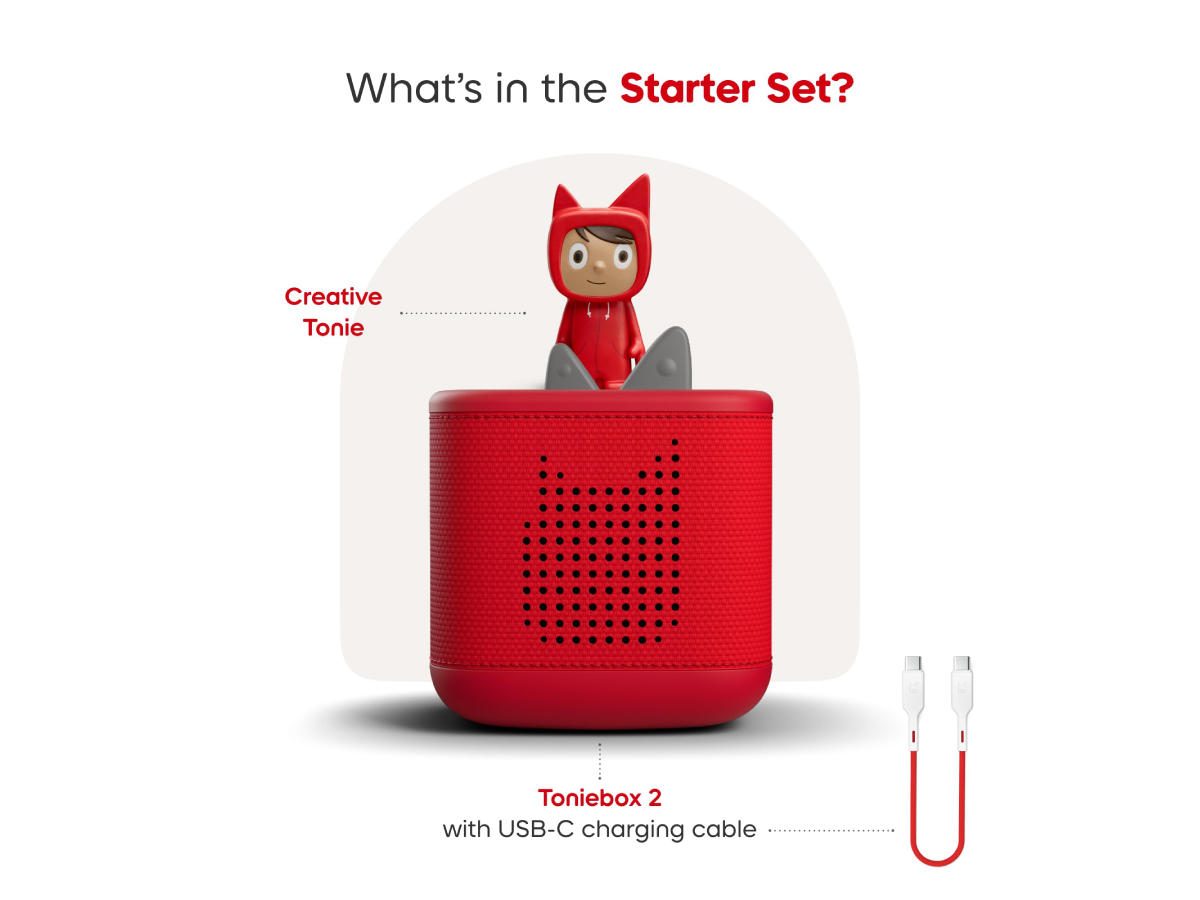 What’s in the starter set? Sunset Red Toniebox 2, Creative Tonie audio figurine, and USC-C charging cable
