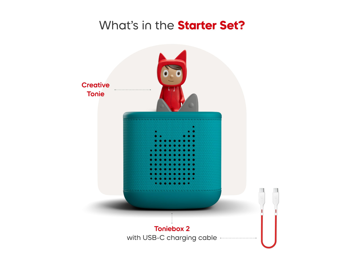 What’s in the starter set? Tropical Teal Toniebox 2, Creative Tonie audio figurine, and USC-C charging cable