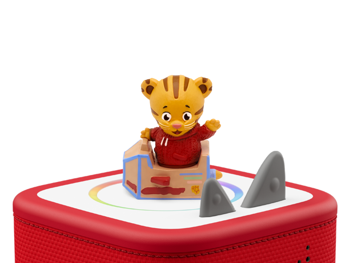 Daniel Tiger's Neighborhood Tonie on a red Toniebox 2 ready to play audio stories and songs
