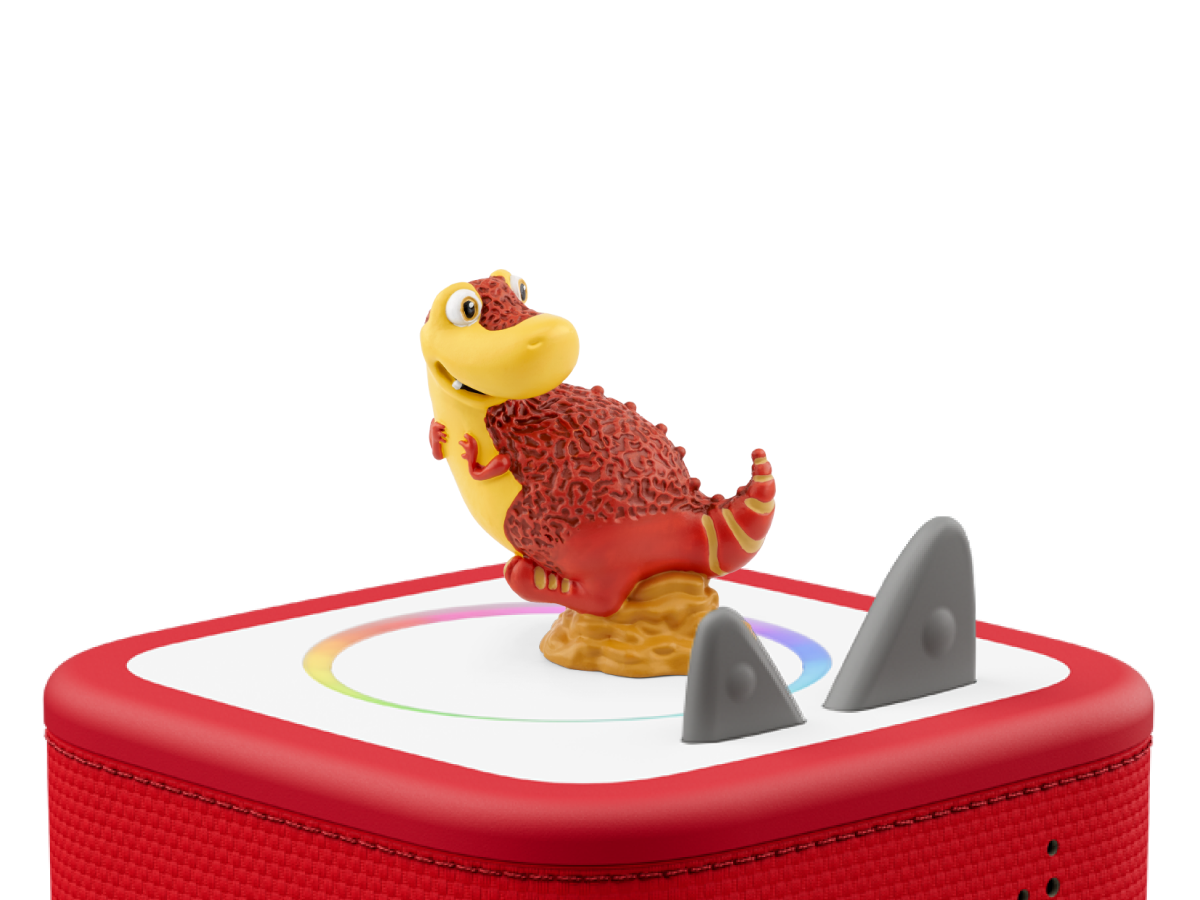 The Dinosaur That Pooped Collection Tonie on a red Toniebox 2 ready to play audio stories and songs