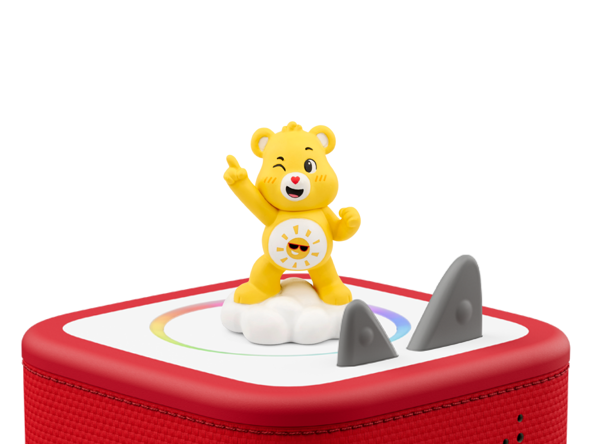 Care Bears: Funshine Bear Tonie on a red Toniebox 2 ready to play audio stories and songs
