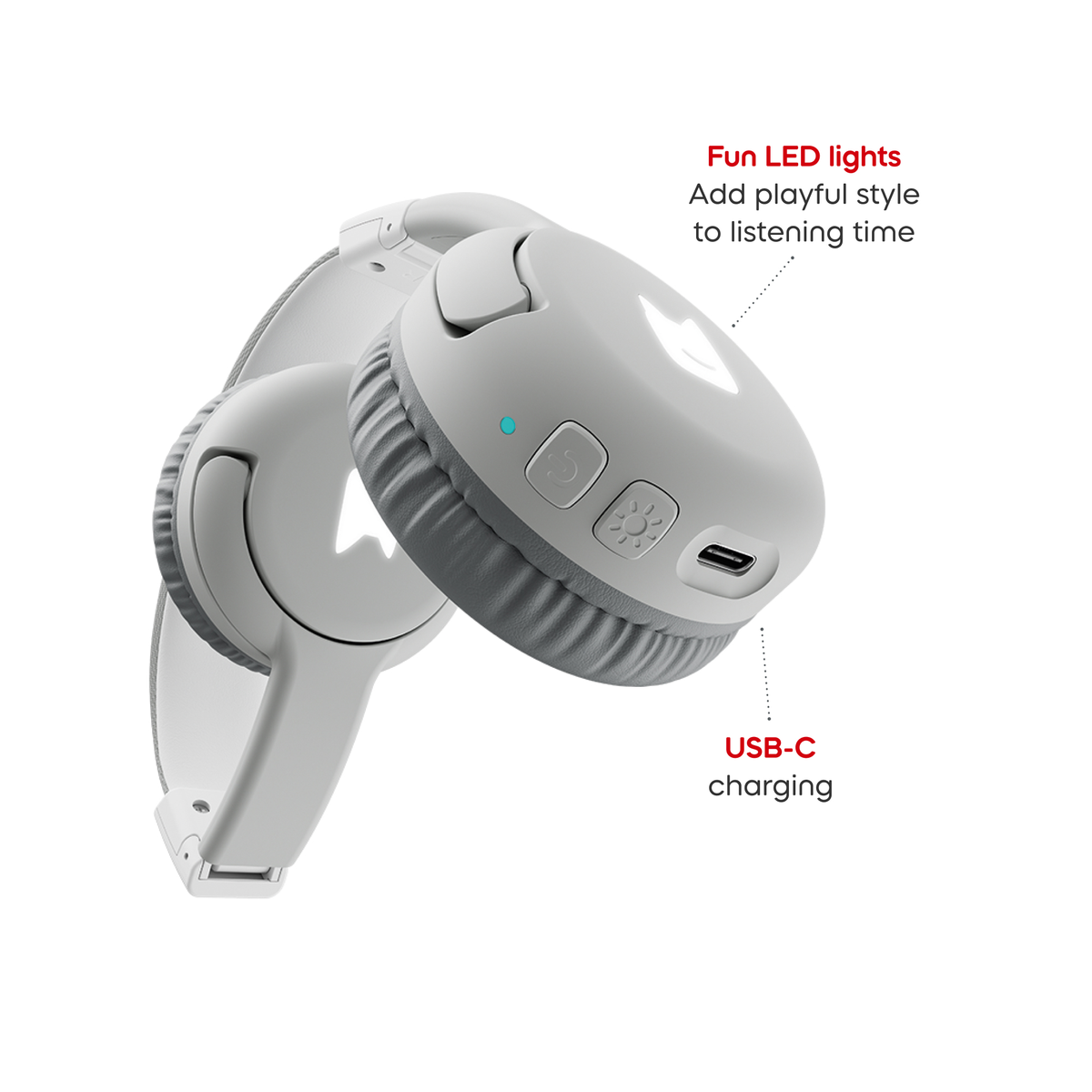 Close up view of Bluetooth Headphones: Moon Grey - Toniebox 2 with informational callouts
