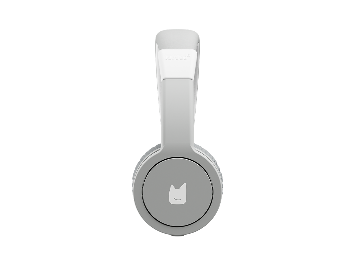 Side view of the gray wired headphones for kids with pulsating light illuminated