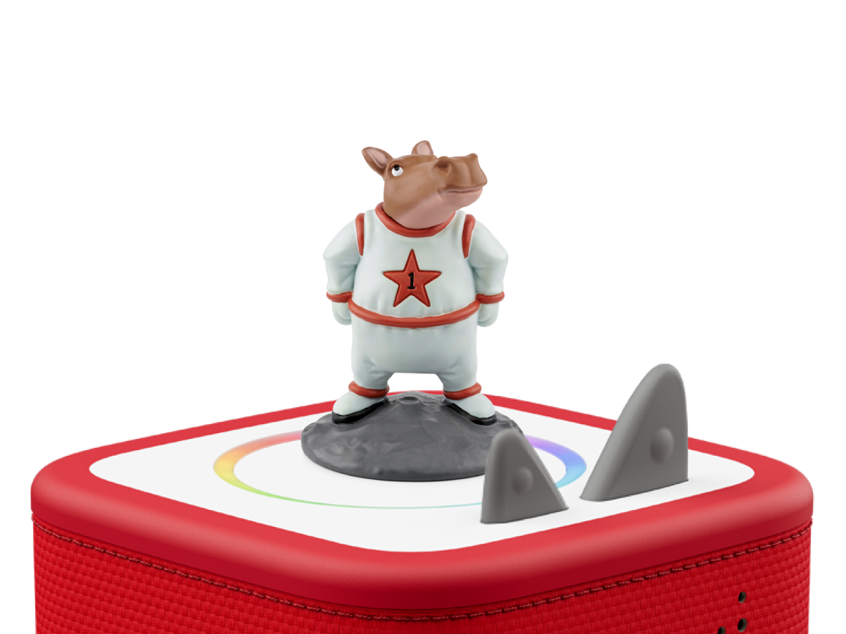 Hilarious Animal Adventures Tonie on a red Toniebox 2 ready to play audio stories and songs