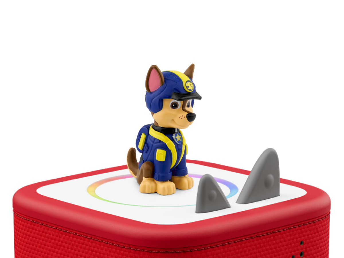 PAW Patrol Jungle Pups: Chase Tonie on a red Toniebox 2 ready to play audio stories and songs