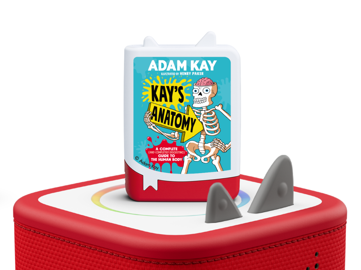 Adam Kay: Kay's Anatomy Book Tonie on a red Toniebox 2 ready to play audio stories and songs