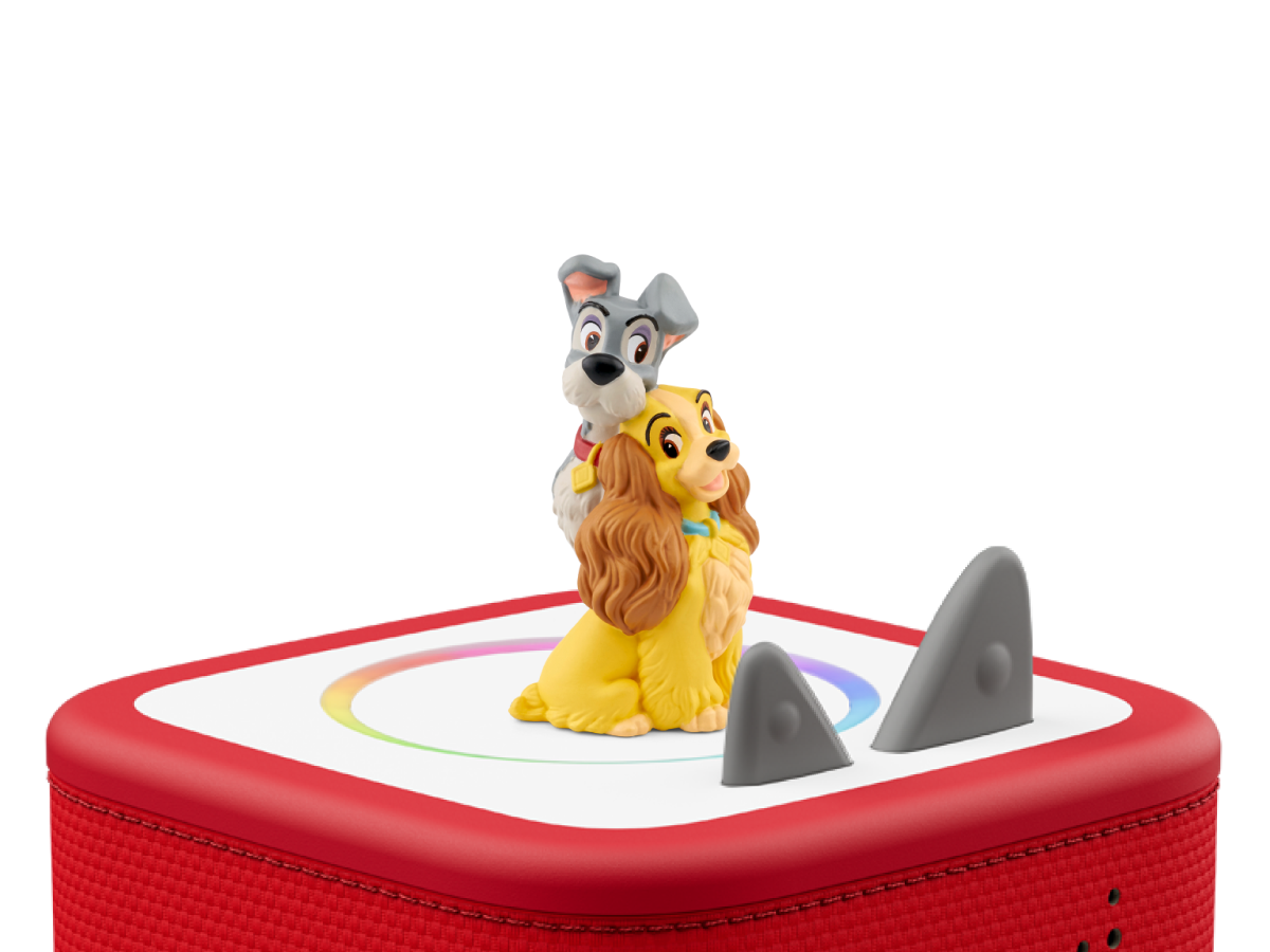 Disney Lady and the Tramp Tonie on a red Toniebox 2 ready to play audio stories and songs