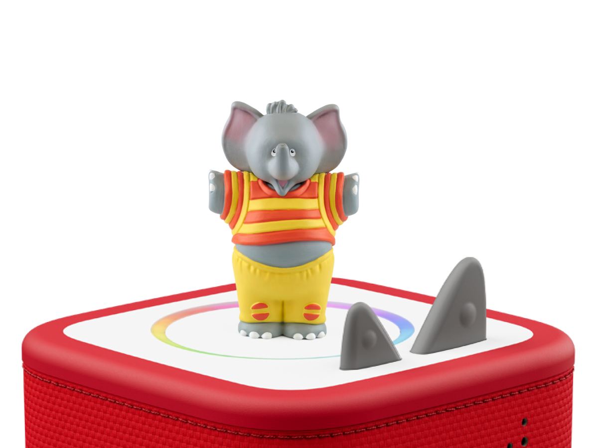 The Large Family Series Tonie on a red Toniebox 2 ready to play audio stories and songs