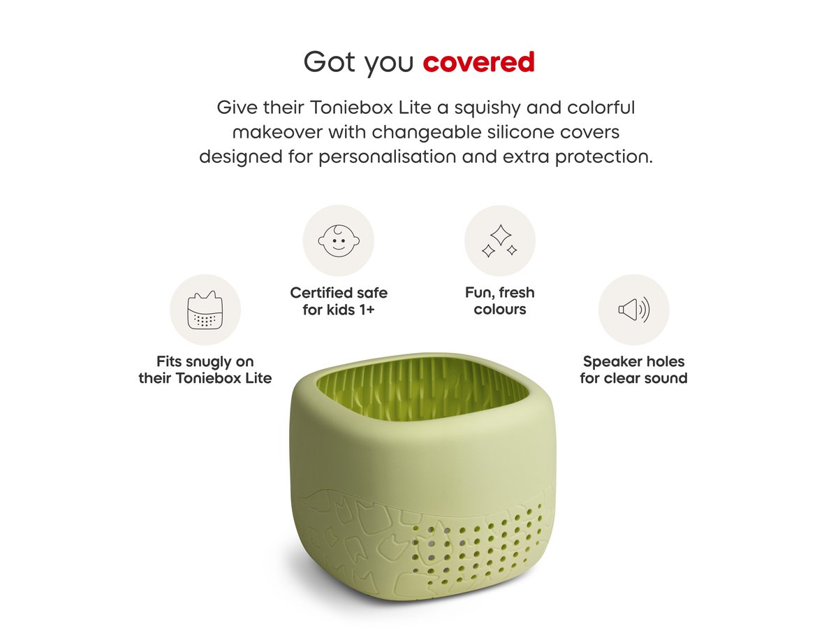 Toniebox Lite Cover melon green with product feature callouts