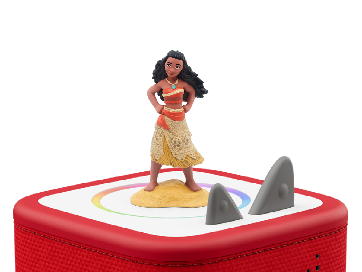 Disney Moana: Un Mar de Aventuras Tonie (en Español) on a red Toniebox 2 ready to play audio stories and songs