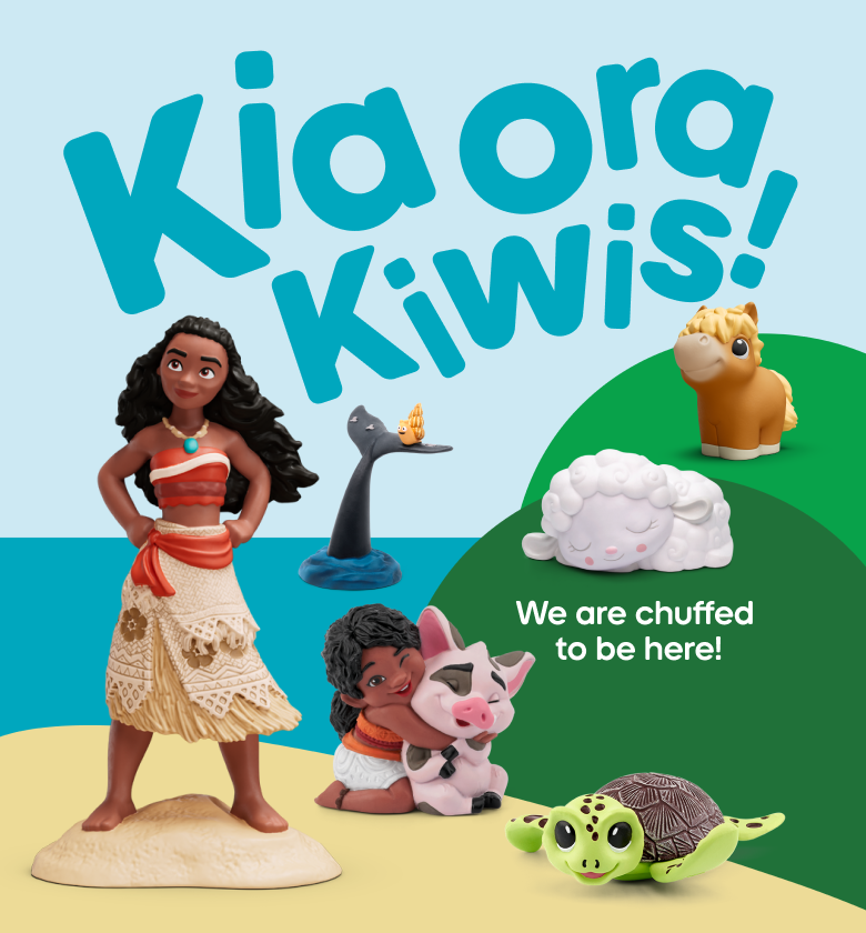 Toy figures of a girl, cat, sheep, horse, and turtle with 'Kia ora Kiwis!' text on a blue and green background.