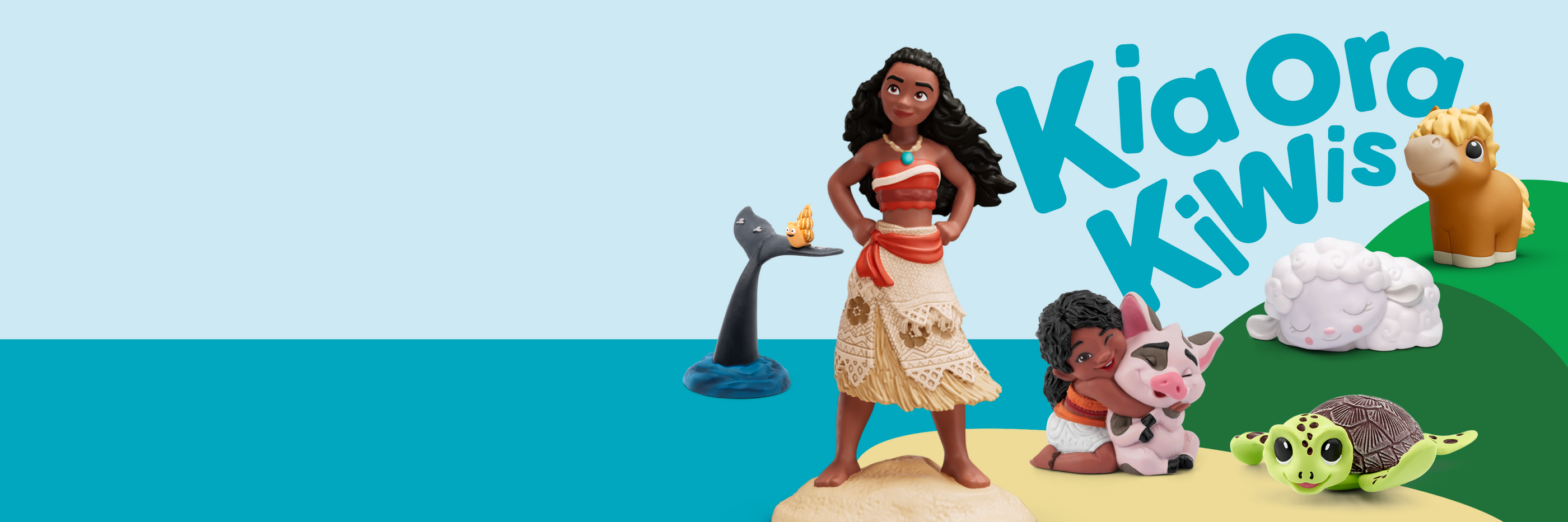 Toy figures of a character and animals on a beach with 'Kia Ora Kiwis' branding.