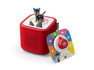 Red Toniebox 2 an audio player for kids with PAW Patrol chase audio figurine and PAW Patrol tonieplay with controller
