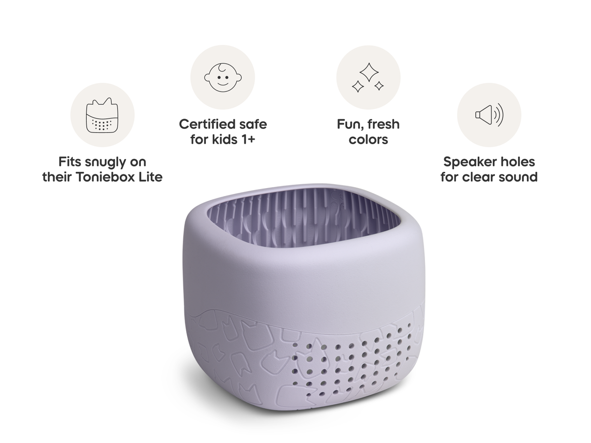 Toniebox Lite Cover pastel lilac with product feature callouts