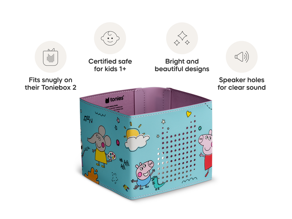 Peppa Pig Sleeve is in our line of sleeves that are compatible with Toniebox 2 which are easy to clean, 1+, and include bright and fun designs