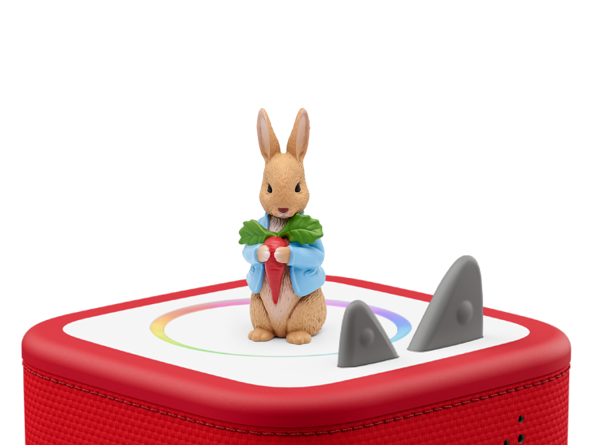 Peter Rabbit Tonie on a red Toniebox 2 ready to play audio stories and songs