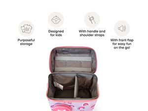 open view and product features of the Listen & Go Bag - Pink Over The Rainbow