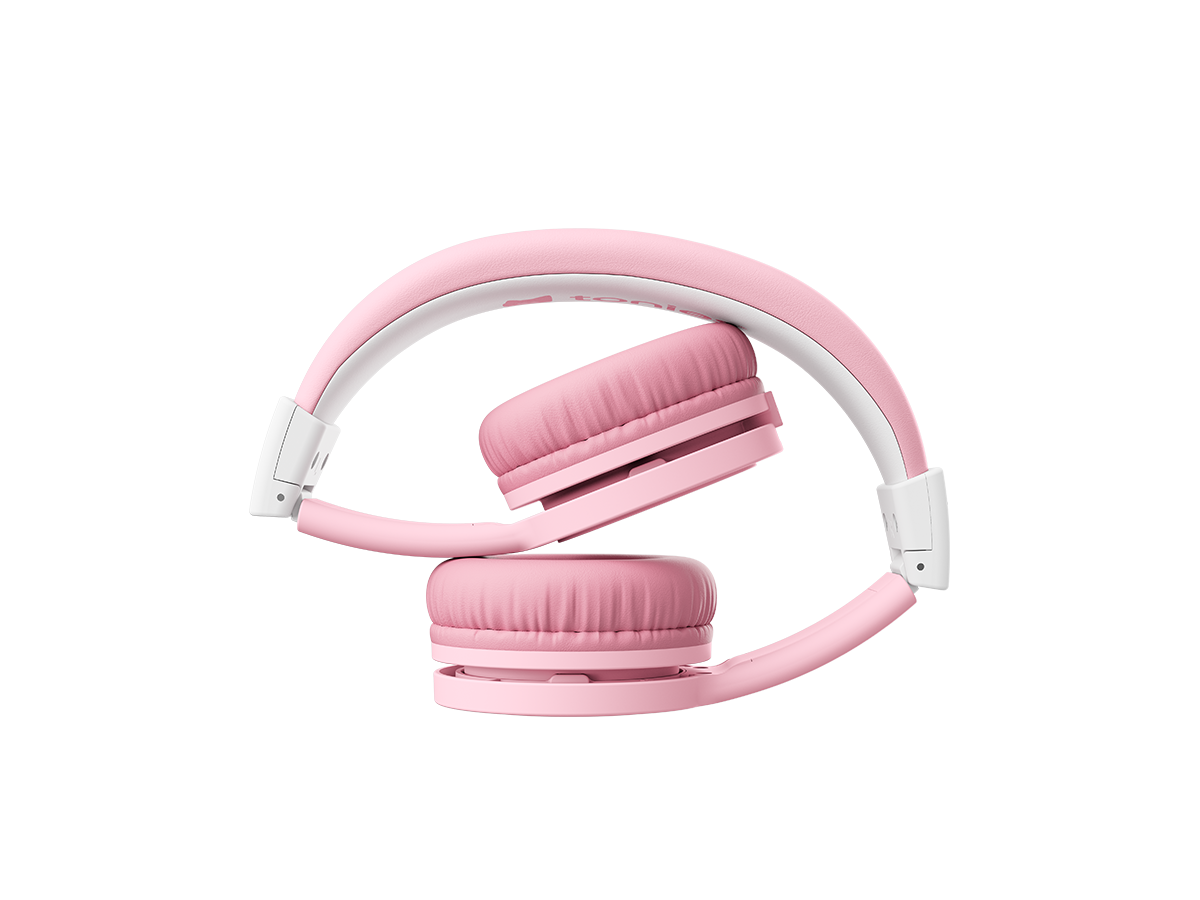 pink wired headphones for kids in folded position