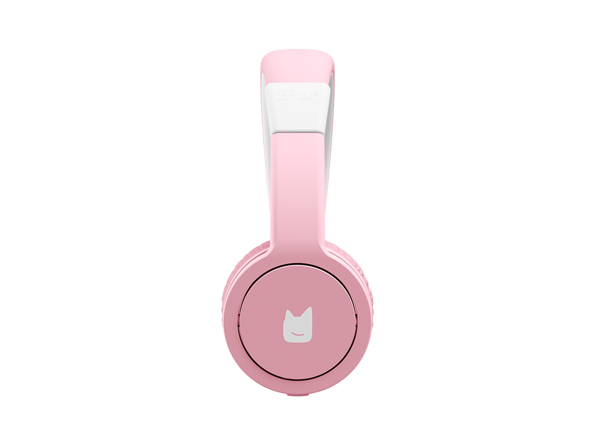 side view of pink wired headphones for kids