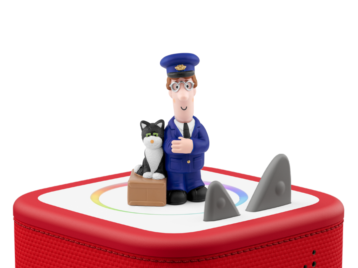 Postman Pat Tonie on a red Toniebox 2 ready to play audio stories and songs