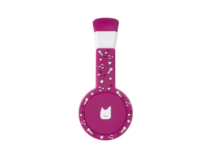 Side view of the purple wired headphones for kids with pulsating light illuminated