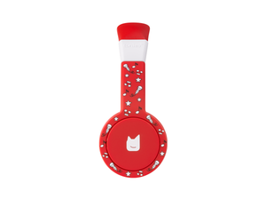 Side view of the red  wired headphones for kids with pulsating light illuminated