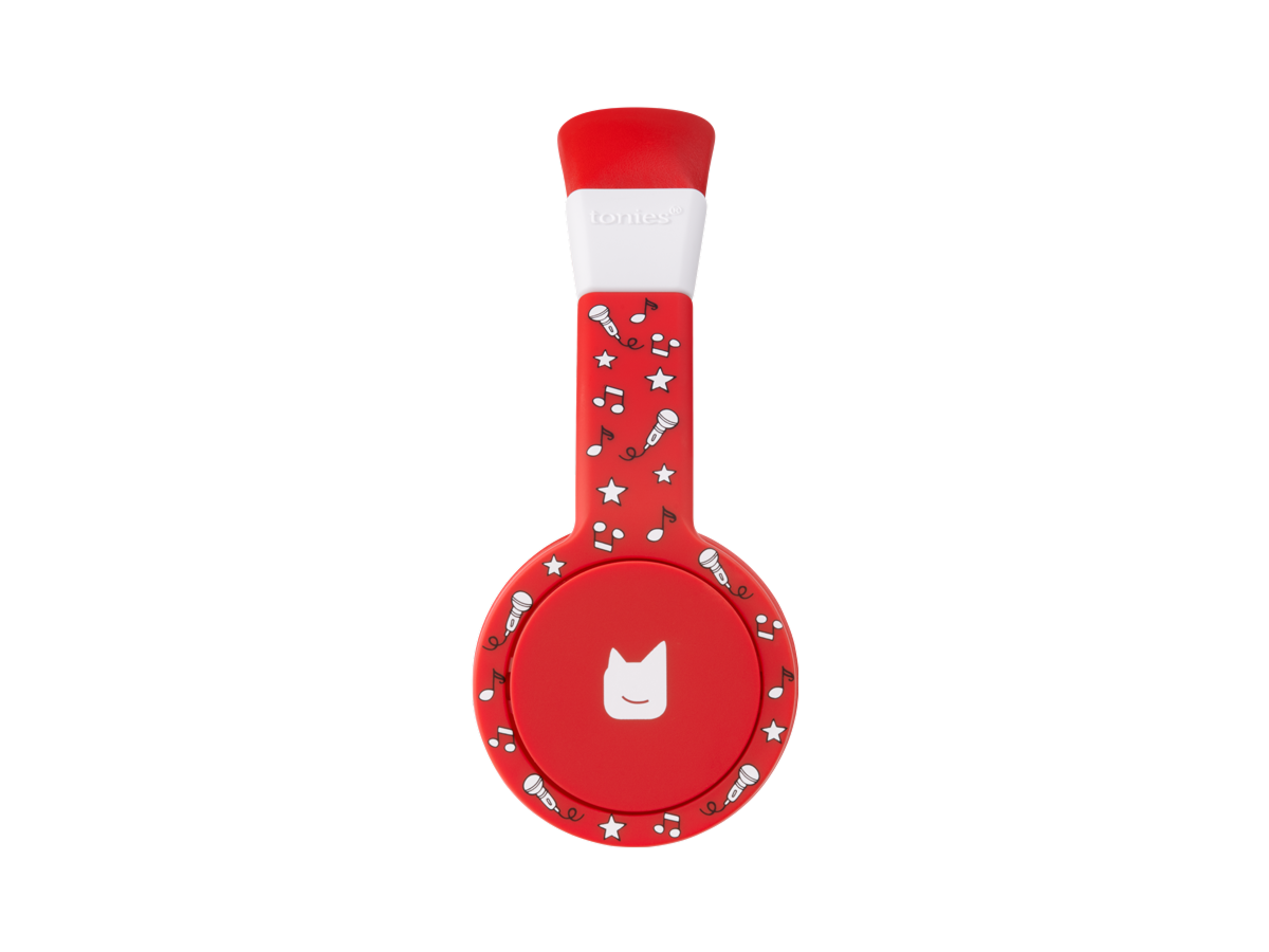 Side view of the red  wired headphones for kids with pulsating light illuminated