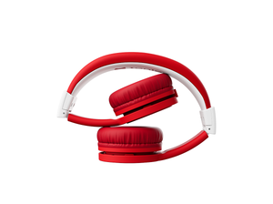 red wired headphones for kids in folded position
