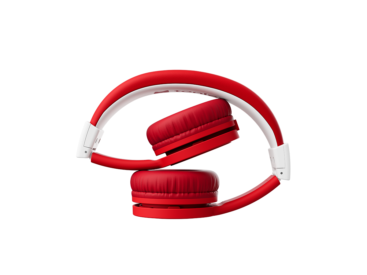 red wired headphones for kids in folded position