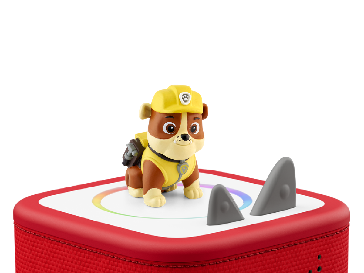 PAW Patrol: Rubble Tonie on a red Toniebox 2 ready to play audio stories and songs