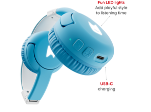 Close up view of Bluetooth Headphones: Sky Blue - Toniebox 2 with informational callouts