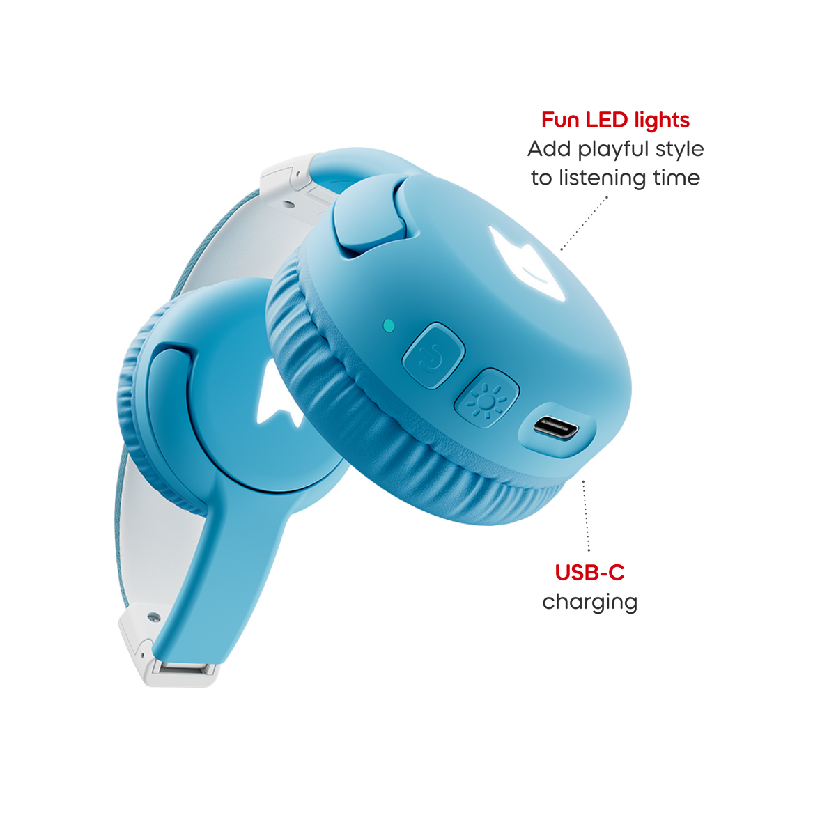 Close up view of Bluetooth Headphones: Sky Blue - Toniebox 2 with informational callouts